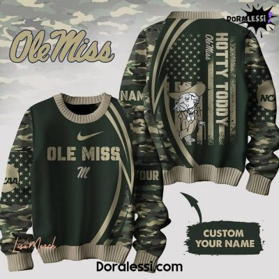 Ole Miss Rebels Salute to Service Green Camo Ugly Sweater