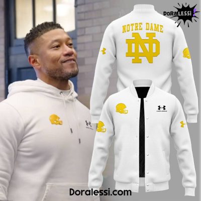 Notre Dame Football X Coach Marcus Freeman White Baseball Jacket